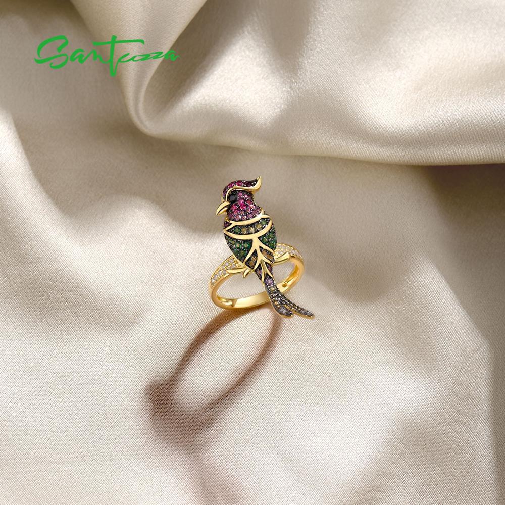 SANTUZZA Silver Rings For Women Authentic 925 Sterling Silver Gold Color Lovely Bird Sparkling Colorful Stones Fine Jewelry