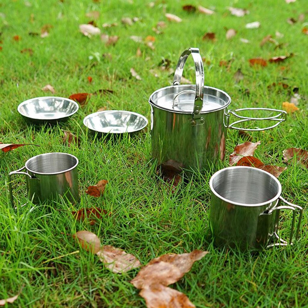 Batterie de cuisine de Camping-feu de camp Barbecues marmite de plage, randonnée à l'extérieur bouilloire suspendue et tasses avec poignée pliante