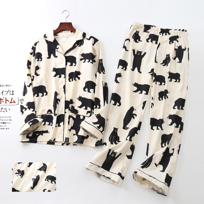 Cute Bear Pyjamas Men Spring Couple Pajamas Men&#39;s Plus Size Sleepwear Sleep Tops Long Pants Pijamas Mujer Cotton Home Clothes: White Black / L