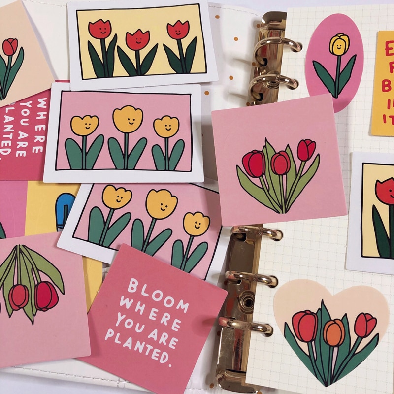 Koreanske tulipaner serie bogstaver blomst klistermærke gør-det-selv håndmalet enkel mobiltelefon notesbog etiketter dekorativt klistermærke papirvarer