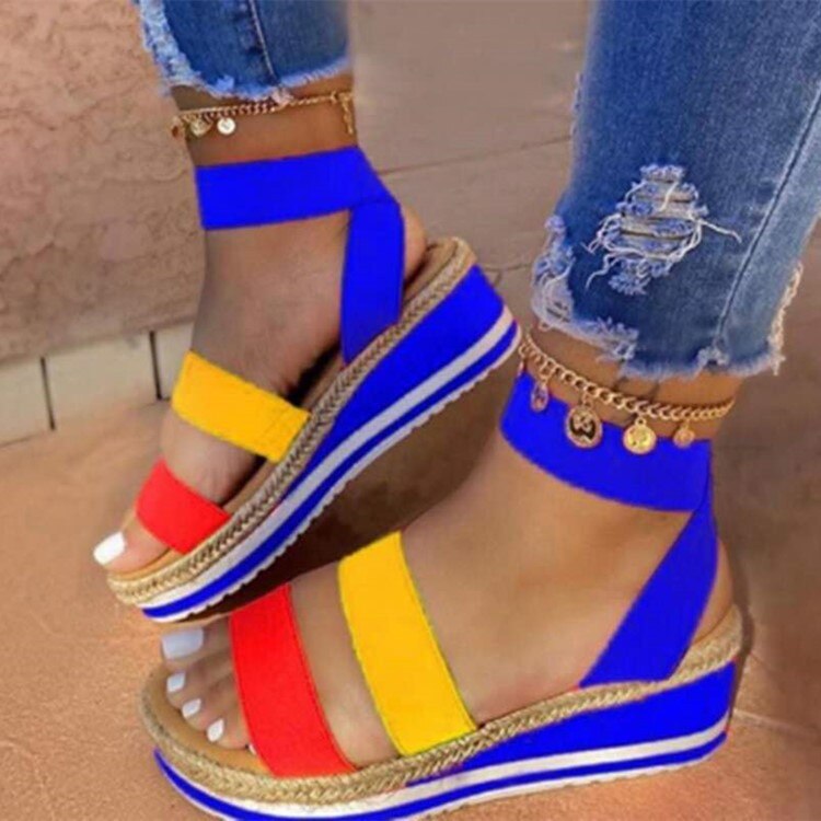 Sandales femmes compensées plate-forme couleur bonbon dames chanvre chaussures dames été décontracté sans lacet sangle croix Cool filles grande taille