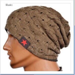 Invierno de los Hombres Calientes estrella cráneo grueso sombrero de las mujeres de punto gorro Reversible Baggy Snow Cap hombre capuchón de gran tamaño Causal Accesorios: Khaki