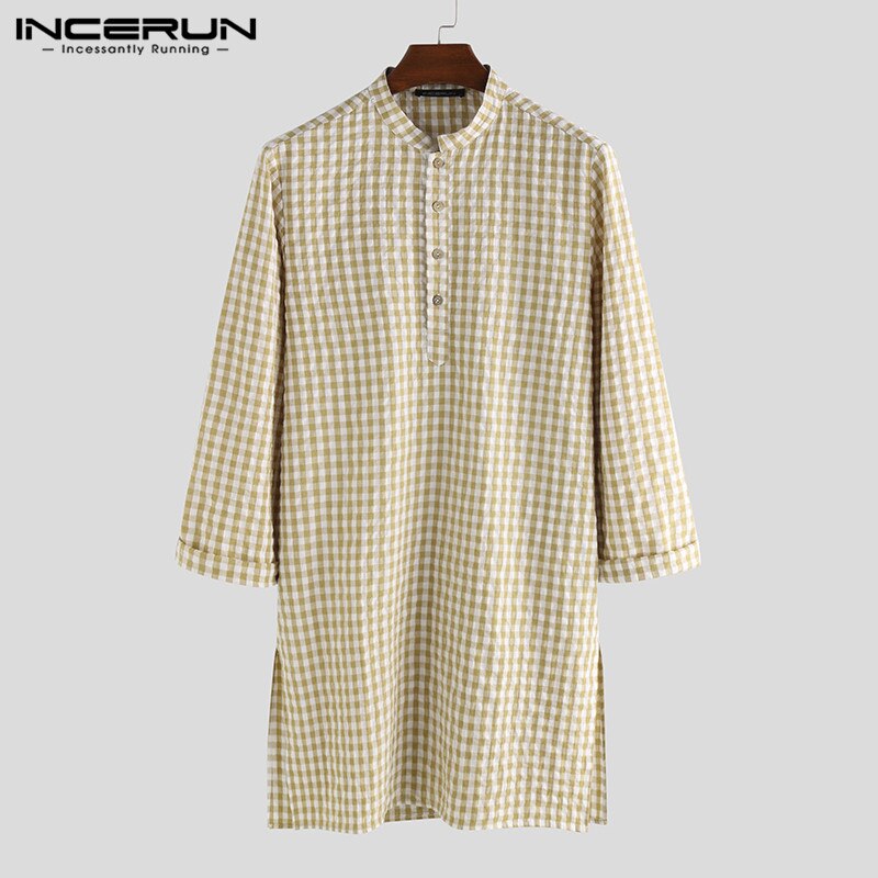 Herr rutig skjorta indiska kläder vintage långärmad ställning krage casual muslim streetwear herr långa skjortor kurta toppar plus size: Kaki / Xxl