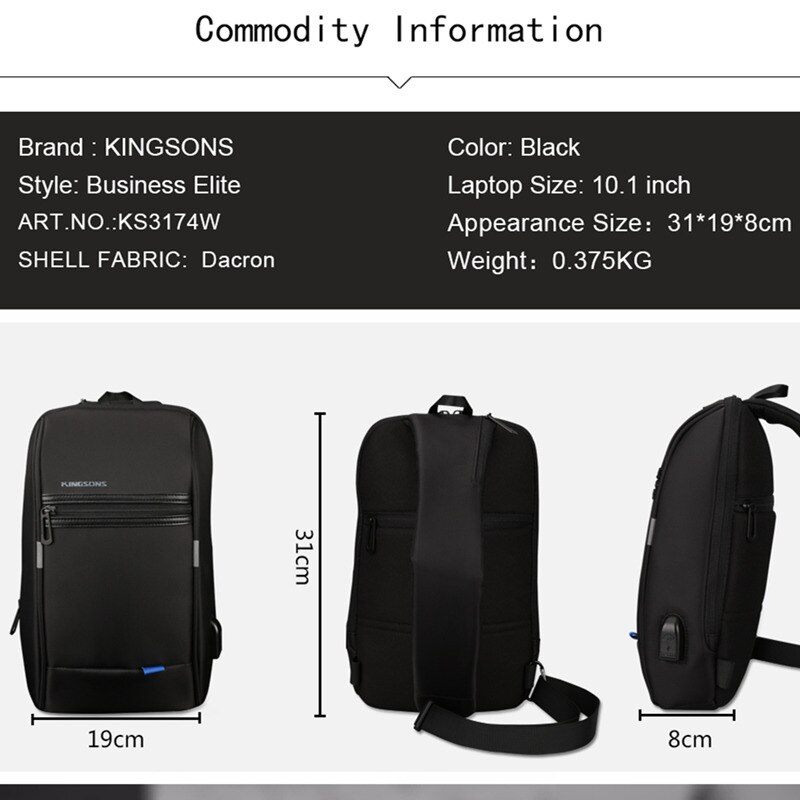 Kingsons KS3174w 10.1 inch Borst Rugzak Voor Mannen Vrouwen Casual Crossbody Tas Vakantiereizen Enkele Schouder Rugzak