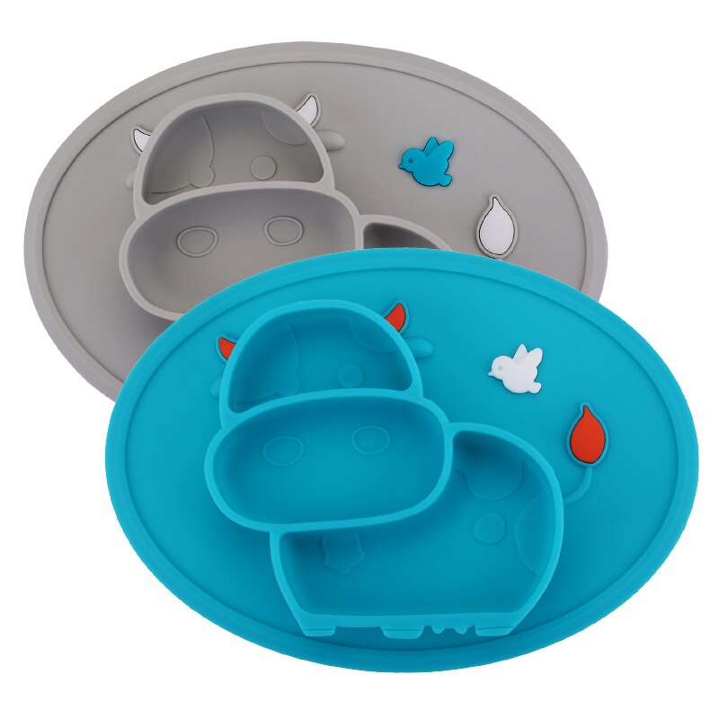 Qshare 4 stk ko baby spiseplade børn mad foderskål anti-fald retter spædbarn silikone suge bordservice: 1 grå og 1 blå