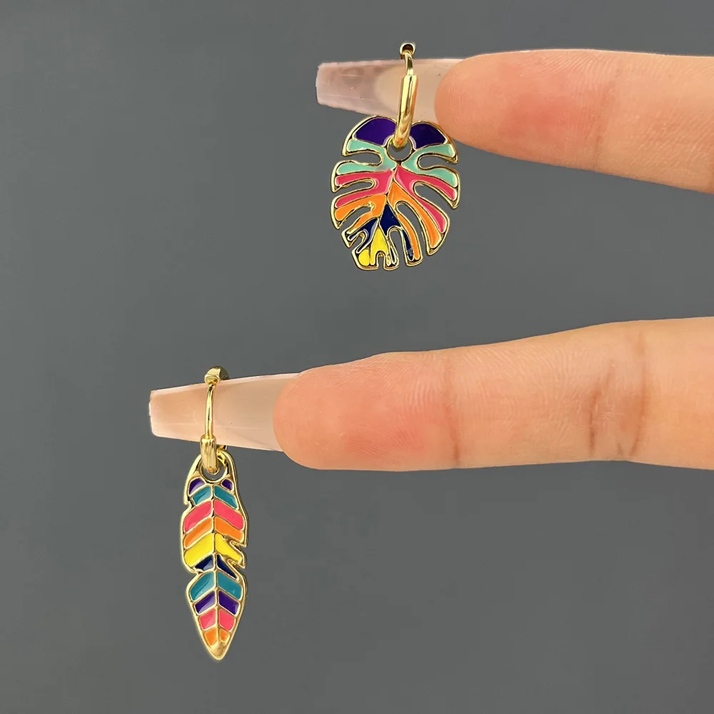 Pendientes de aro de Color dorado con forma de planta de Cactus y hoja esmaltada colorida para mujeres y niñas, pendientes Vintage bohemios con goteo de aceite, de joyería