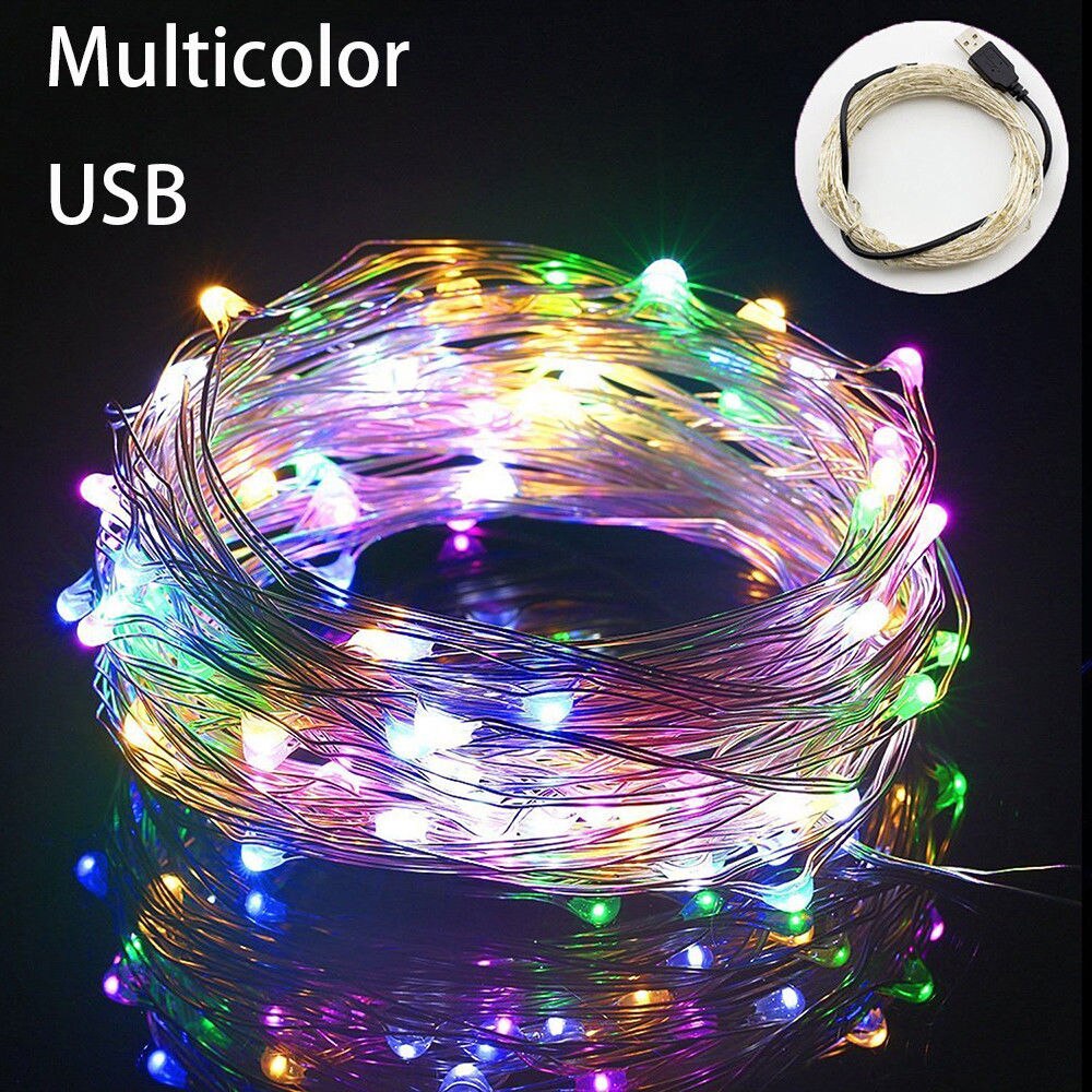 Guirlande lumineuse LED féerique en fil d'argent, 1M/5M/10M, pour noël, chambre à coucher, maison, mariage, nouvel an, décor, alimenté par USB: multicolor / 1M 10LEDS