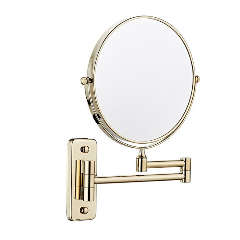 Makeup spejl krom messing badeværelse spejle 3 x forstørrelses spejl folde barbering 8 inches vægmonteret 360 roterende runde spejle: Guld