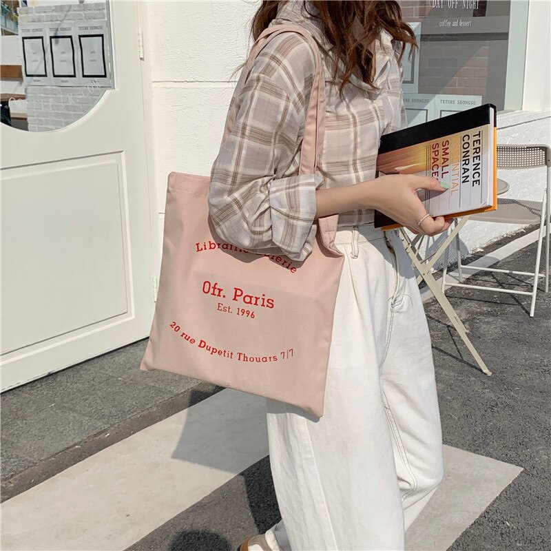 Bolsa de ombro de lona feminina paris letras impressão sacola de compras eco algodão linho shopper sacos de tecido de pano bolsa tote para meninas