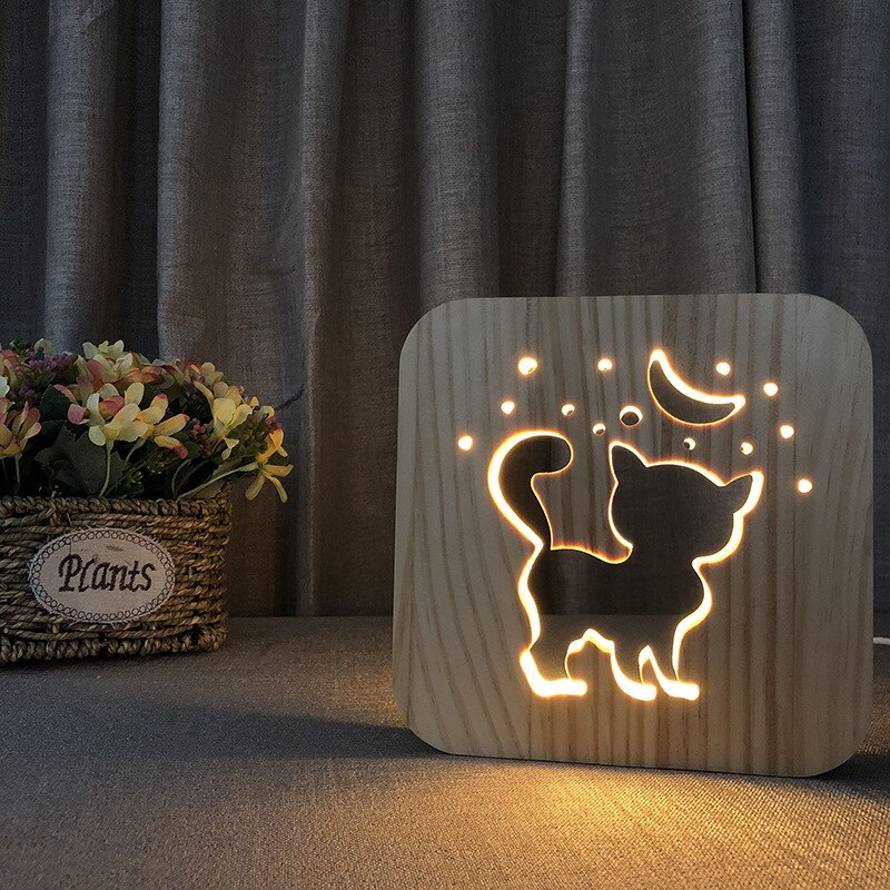 LED USB Night Light Wooden Dog Paw Cat Wolf Head Animal Lamp Novelty Kid Bedroom 3D Decoration Table Lights Child
