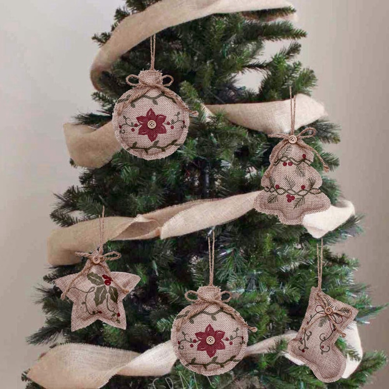 Rustieke Kerstboom Ornamenten Kous Decorations Jute Land Kerstsok Bal Boom Bell Met Rode En Groene Holly L