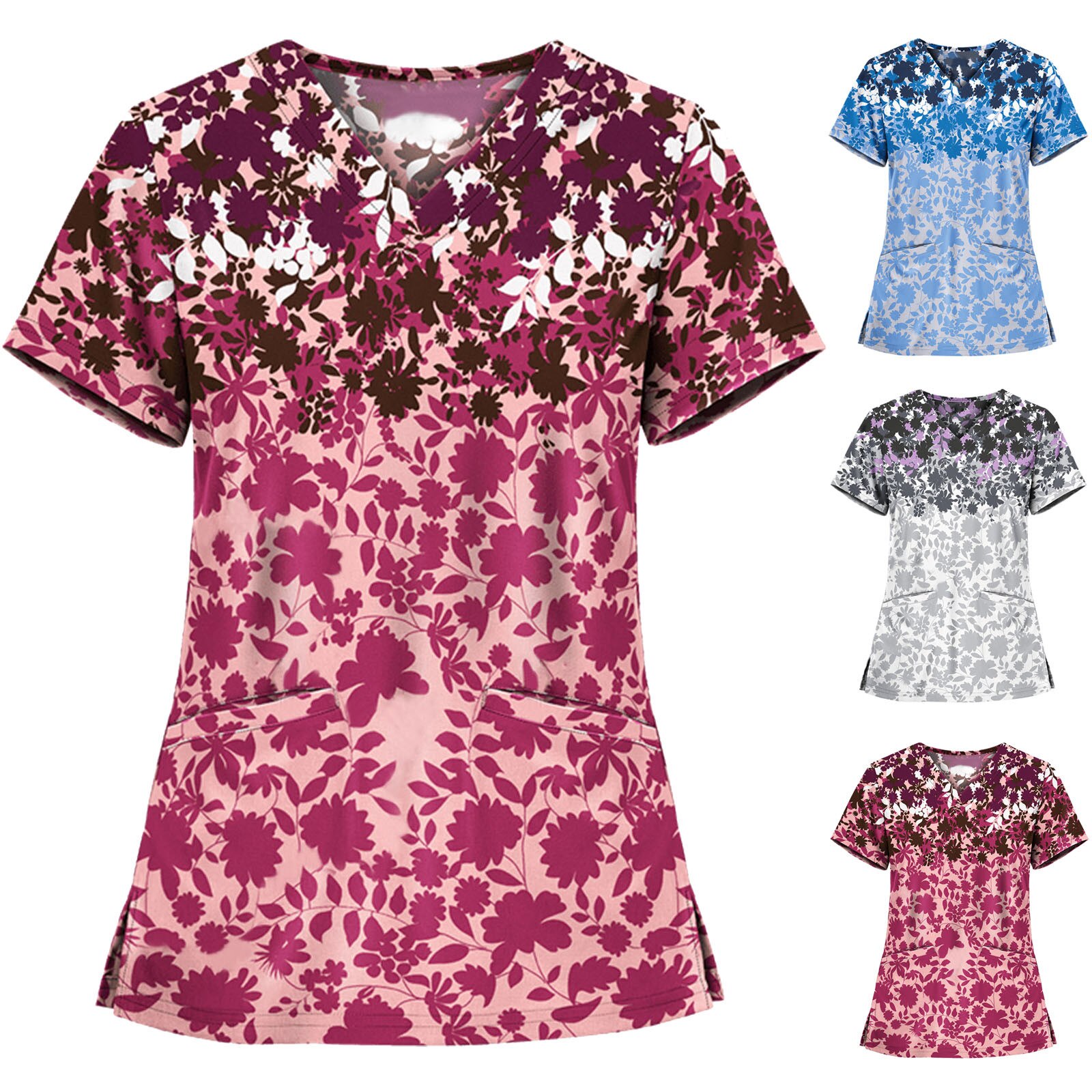 Chemisier à manches courtes et col en v pour femmes, uniforme de travail, salopette à imprimé floral, accessoires d'infirmière, # AA05