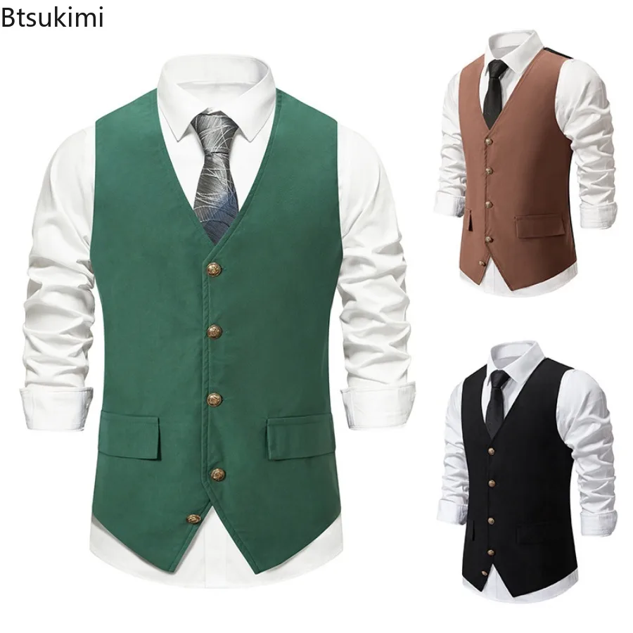 Men's Medieval Retro Suit Vest Formal Dress Vest Men Casual Solid Sleeveless V-neck Jacket Wedding Party Waistcoat