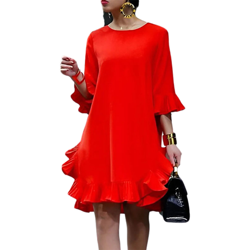 Robe de soirée élégante Falbala pour femmes, robes mi-longues rouges pour femmes, printemps, été, demi-manches, document solide, décontracté, 2024