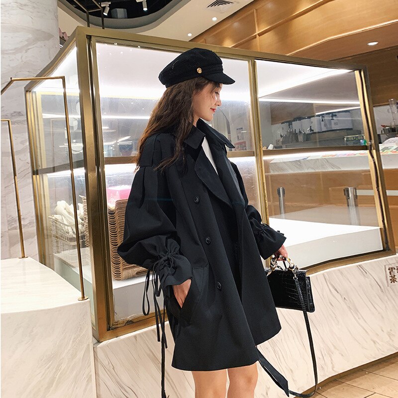 Frauen Graben Mantel Casual Gürtel Khaki Dame Kleidung Herbst Koreanische Revers Oberbekleidung Tops Oversize Windjacke: black / XL