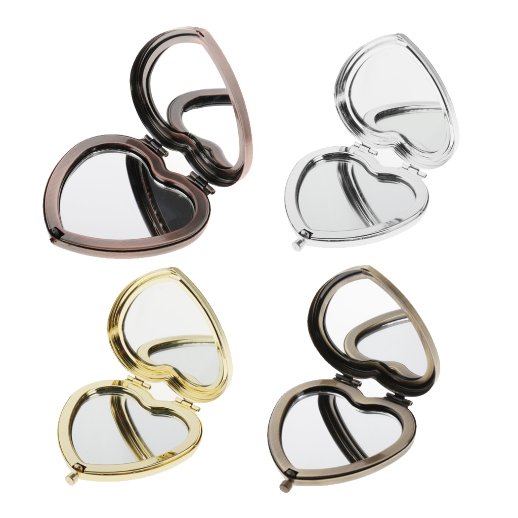 Two Sided Heart shaped Compact Mirror With Metal Frame, 2x Magnification and 1x True View Make Up Mirror