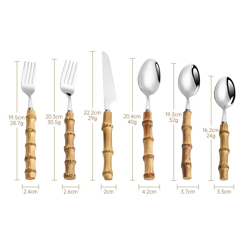 6Stck Natürliche Bambus Griff Geschirr Edelstahl Luxus Geschirr einstellen Steak Messer Nachtisch Gabeln Tee Löffel Gold Besteck