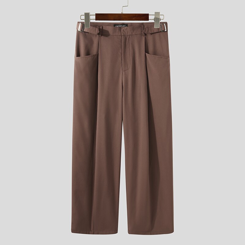 INCERUN Men Leisure Solid Color Pants Spring Casual Straight Trousers Man Loose Zipper Bottoms Korean Style Pantalones 5XL: Brown / 5XL