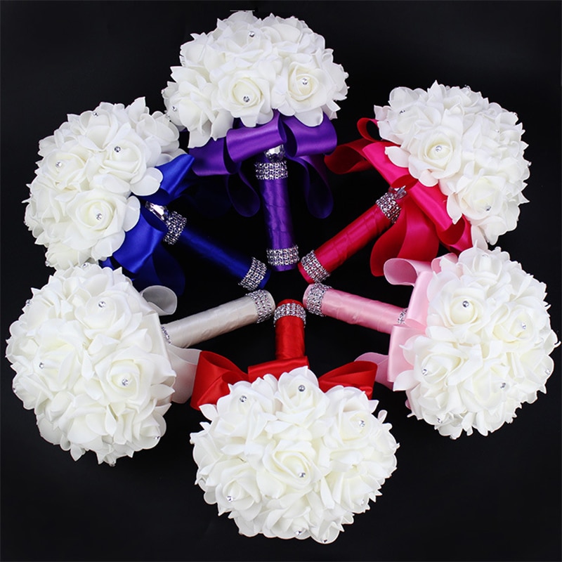 Beautiful White Ivory Bridal Bridesmaid Flower Wedding Bouquet Artificial Flower Rose Bouquet Crystal Bridal Bouquets