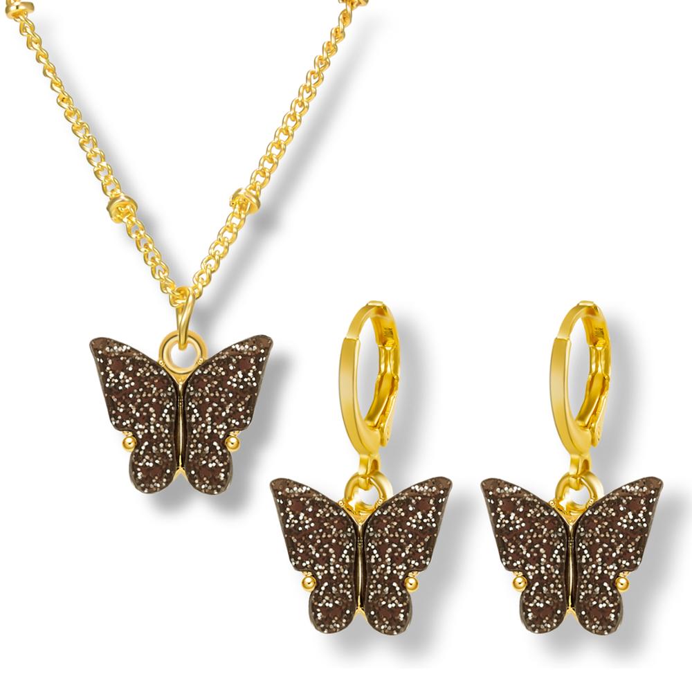 Ensemble de bijoux pendentif papillon en acrylique, scintillant, adorable ensemble de boucles d'oreilles et collier, de Style japonais et sud-coréen: brown