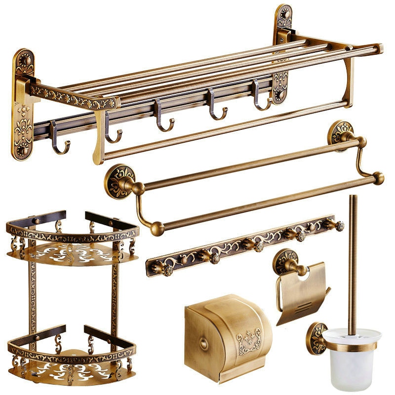 Conjunto de accesorios de baño antiguo de bronce tallado, accesorios de baño, estante de almacenamiento, toallero, porta pañuelos, cepillo de baño