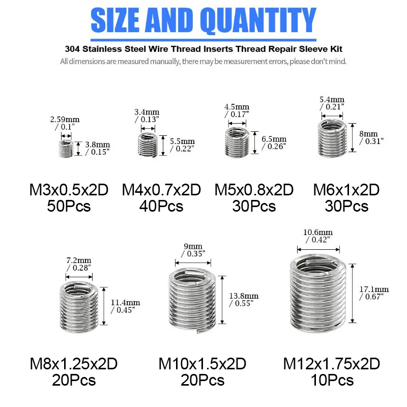 200 stks Helicoil Draad Insert Draad Insert Kit M3 M4 M5 M6 M8 M10 M12 Rvs 304 Schroef Mouw Draad herstel Set