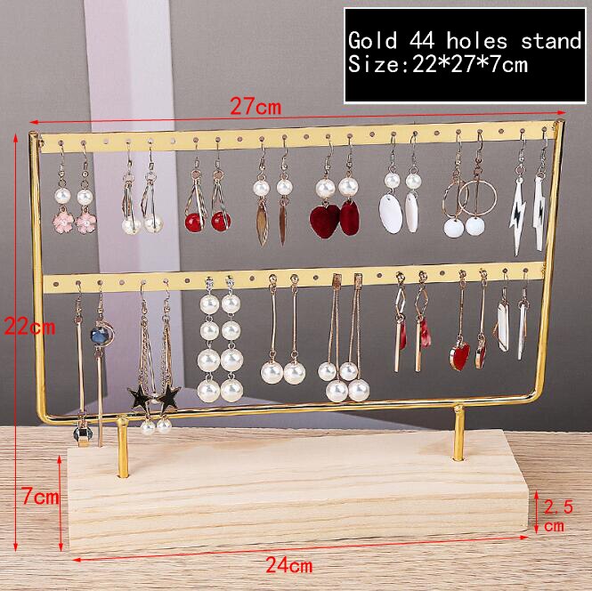 Earrings Stand Jewelry Display Earrings Holder Jewellery Storage Wooden Base Metal Ear Studs Pendant Rack: gold 44 holes