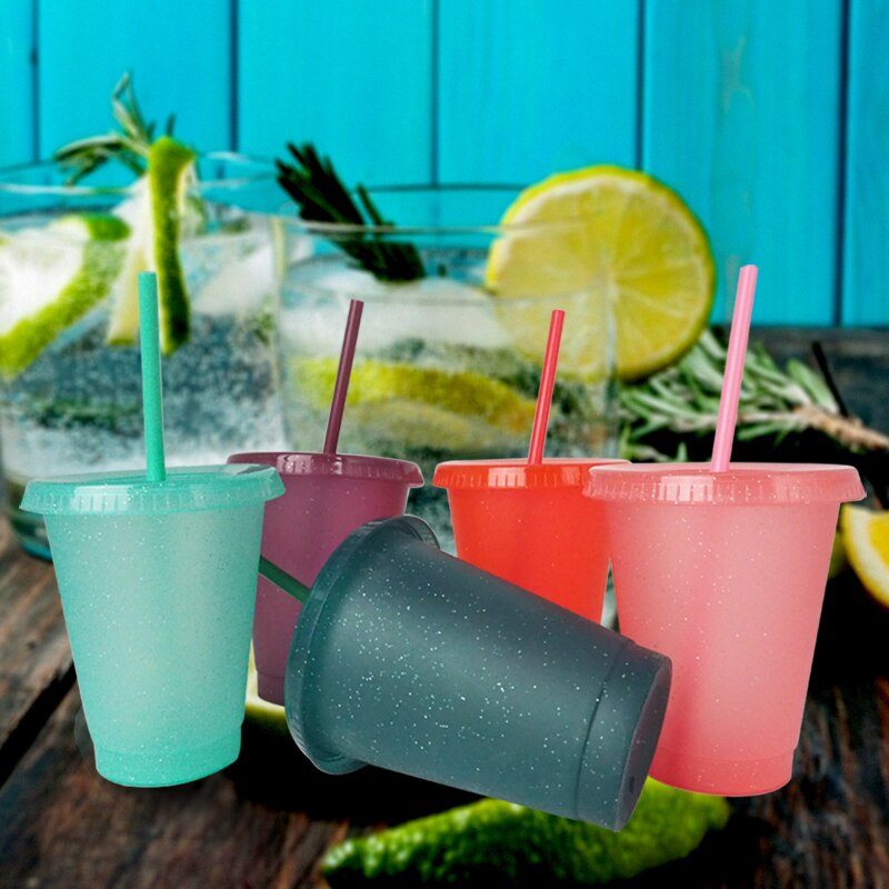 5Pcs/Set Reusable Straw Cup Sequined Glitter Cup Plastic Tumbler With Lid Reusable Plastic Cup Tumbler Cup