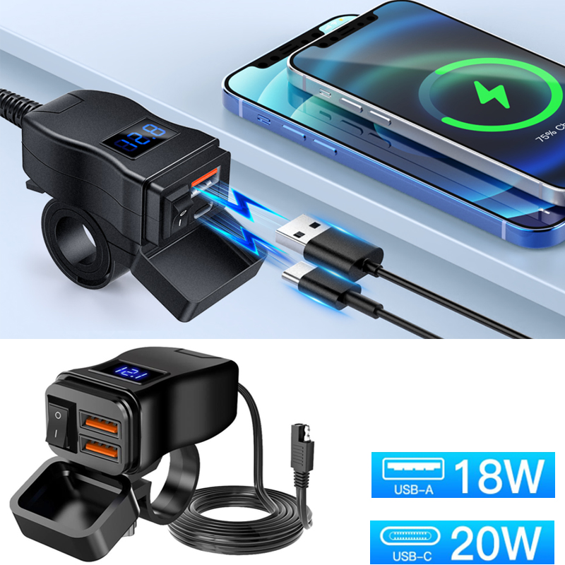60W motorfiets USB snellader PD QC3.0 voedingsadapter stuur dubbele USB-aansluiting waterdicht met schakelaar voltmeter