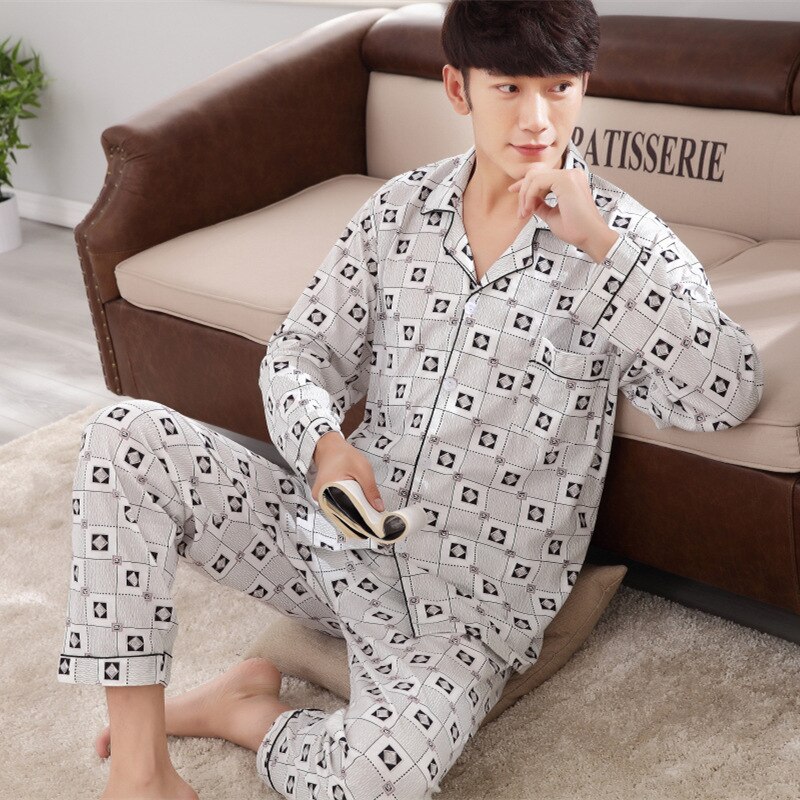 Geometrische Katoenen pyjama mannen pijamas hombre lange mouwen ongedwongen Nachtkleding mannen Plus Size homewear pyjama sets voor mannelijke