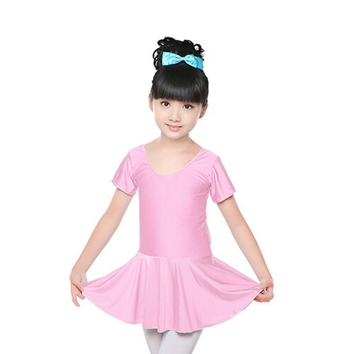 Piger børn sommer skinnende spandex kortærmet dansekjole børn gymnastik ballet nederdel trikot: Pink kortærmet / 5xl højde 145 til 155cm