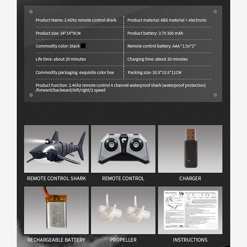 2.4G 4 Channel High Speed Remote Control Boat Simulation Shark Boat with Light Effects Underwater Game Toys