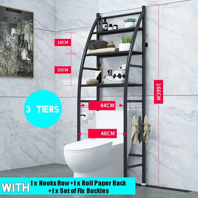 Storage Shelf Bathroom Space Saver Storage Shelf Over Toilet With Roll Holder And Towel HookKitchen Washing Machine Storage Hold: Toilet shelf black