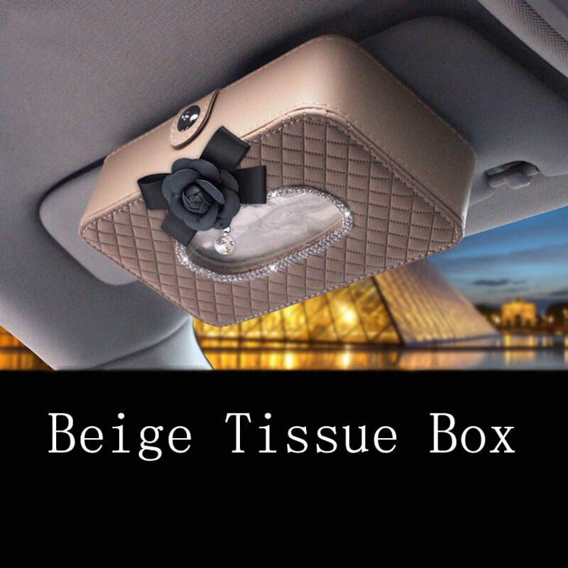 Camellia Rhinestone Car Sun Visor Type Car Tissue Box Holder Leather Diamante Interior Floral Paper Towel Storage Accessories: black beige