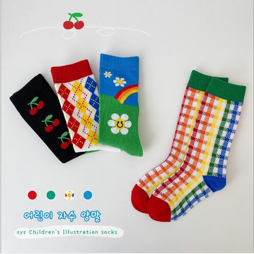 1-8Year 4 Pairs Spring and summer striped rainbow plaid kids children's tube socks