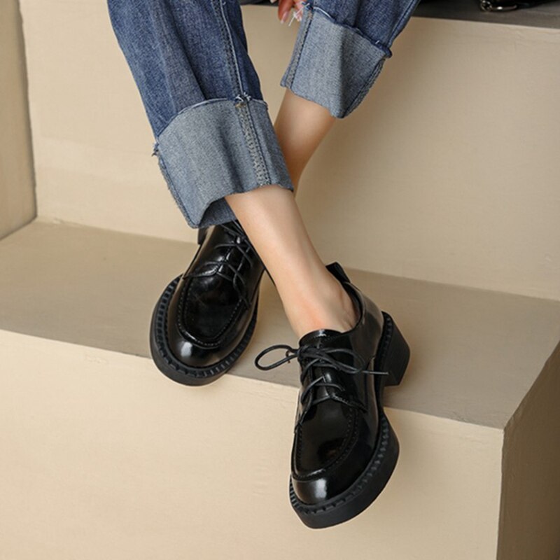 2022 Spring/Autumn Women Shoes Round Toe Chunky Heel Shoes Split Leather Shoes Women Lace up Women Pumps Casual Gladiator Shoes