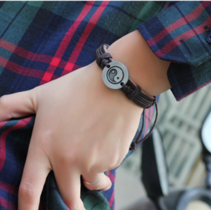 Trendy Yin En Yang Lichtmetalen Armband Lederen Gevlochten Armband Bruin Armband Mannen Retro Armband Voor Mannen Pulsera