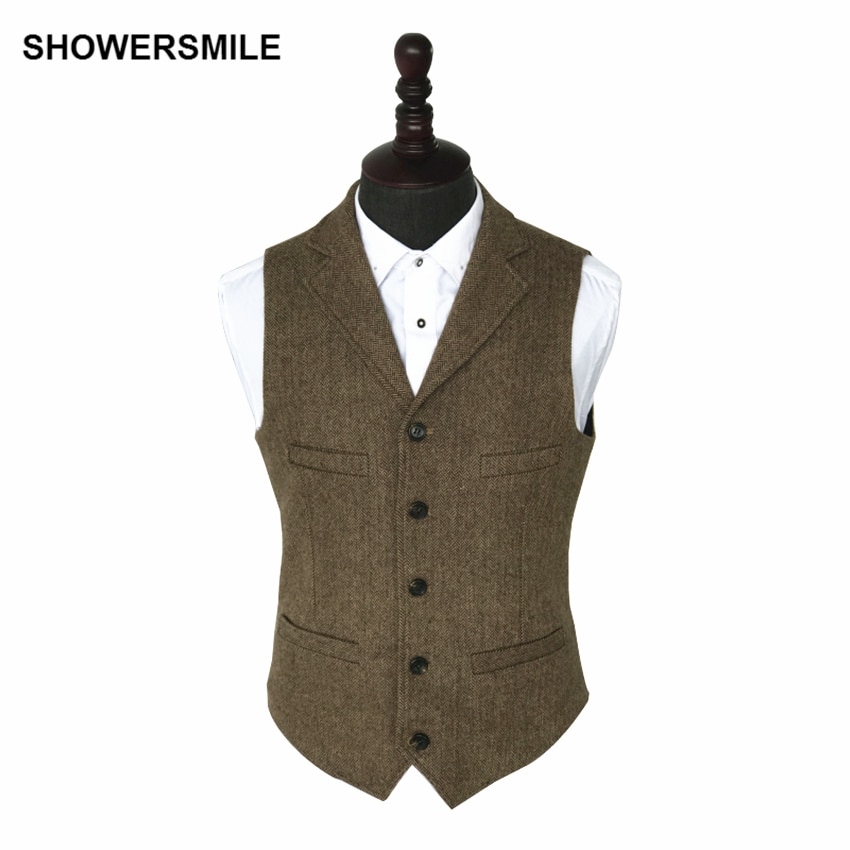 SHOWERSMILE Vintage Tweed Vest Herringbone Striped Suit Vest Light Brown Waistcoat Vest Slim Fit Sleeveless Jacket Gilet Homme