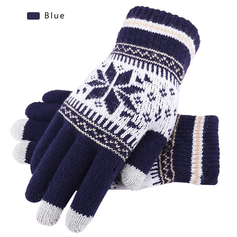 Outdoor Rijden Handschoenen Warme Winter Wol Gebreide Handschoenen Vrouwen En Mannen Sneeuwvlok Patroon Volledige Vinger Unisex Touch Screen handschoenen: Navy blue
