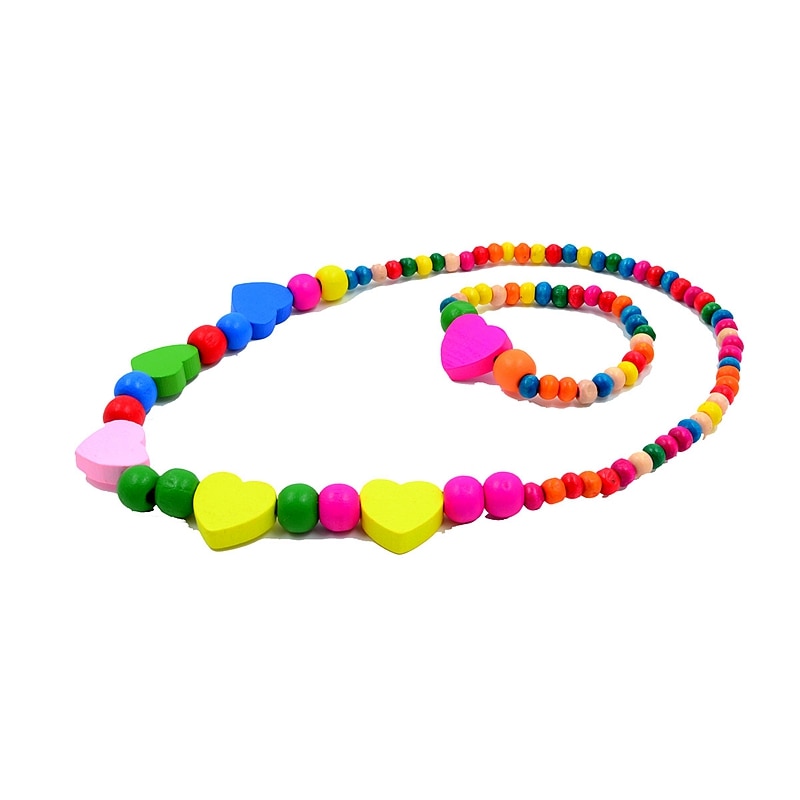 1Set Lovely Girl's Wooden Necklaces Lovely Colorful Heart Shape Beads Necklace&Bracelet Jewellery Set Birthday CS26