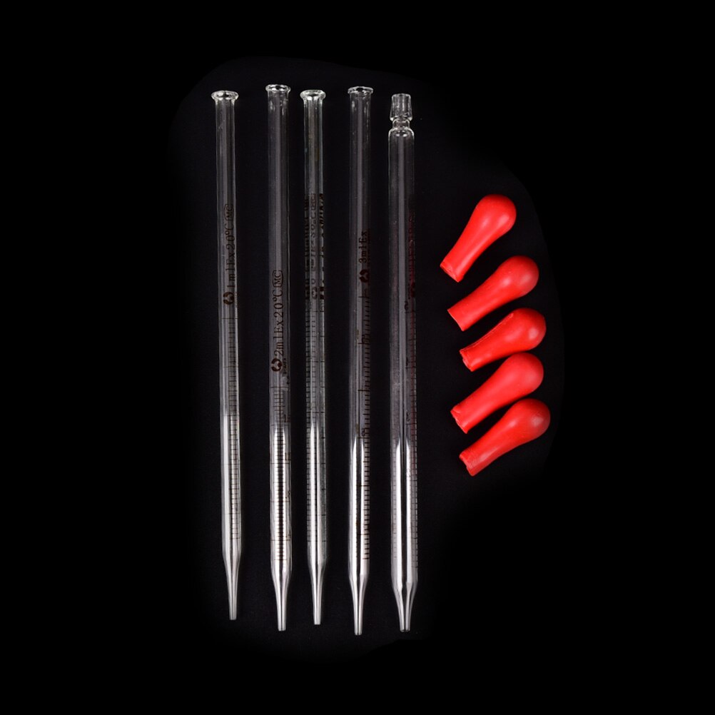 Lasipipetti kumilampulla laboratoriokemian tiputin annostelu laboratoriotarvikkeet 0.5ml 1ml 2ml 3ml 5ml
