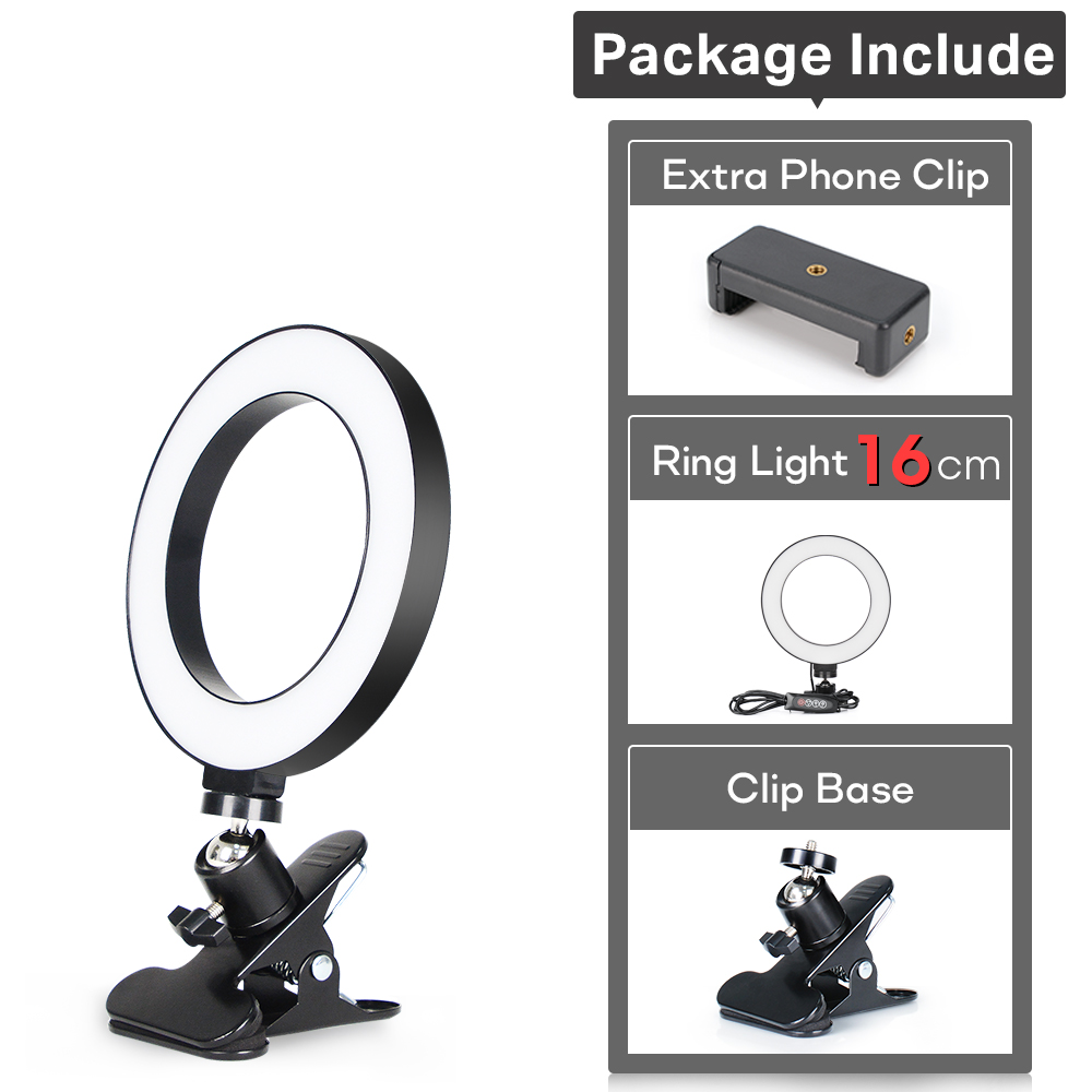 Anneau lumière photographie éclairage lampe à LED avec trépied pour support de téléphone portable accessoires de support avec pince pour Photo Selfie vidéo: 16cmLight- Clip Base