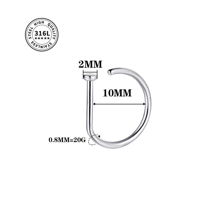 Aro de tornillo para nariz de 20G, aro hipoalergénico de acero inoxidable en forma de D, joyería para Piercing para nariz para mujeres y hombres: Rodio plateado