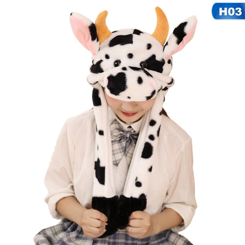 Plush Animal Hat Cow Ear Moving Jumping Hats Soft Warm Winter Headwear For Kids Girl Boy Cosplay Christmas Party Hat: H03