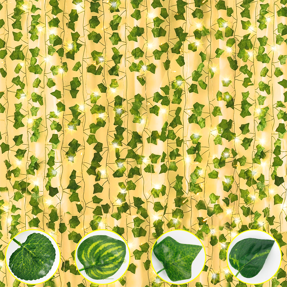 Guirnalda de luces de hojas verdes, hiedra Artificial, vid, guirnalda de luces de hadas, decoración para de boda, planta colgante de pared de habitación para el hogar y Navidad