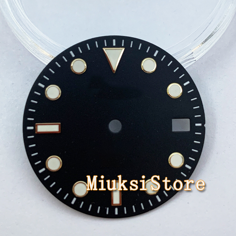 29Mm NH35 Wijzerplaat Steriele Zwart Groen Blauw Roze Horloge Wijzerplaat Met Datum Venster Voor NH35 NH35A Automatische Beweging accessoire Onderdelen: Black-Gold edge-N