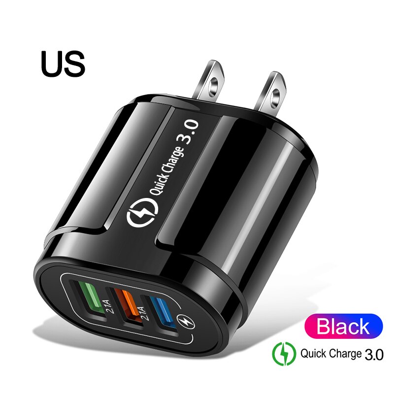 3 Poorten Snelle Usb Charger Cable Telefoon Snellader 3.0 5V 3A Eu/Us Plug Wall Charger Voor samsung Apple Iphone Sony Xiaomi Huawei: US   Black