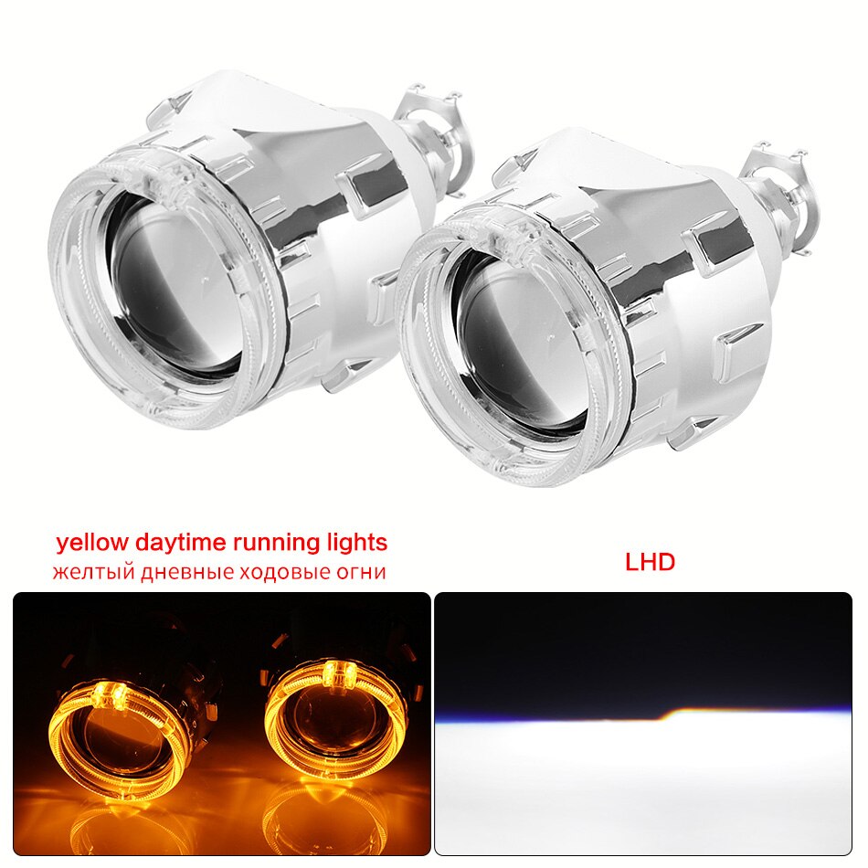 Aileo 2x 2.5 tommer led angel eyes bi-xenon projektor linse kørelys drl  h4 h7 h11 bil retrofit styling brug  h1 lys universal: Sølv gul lhd