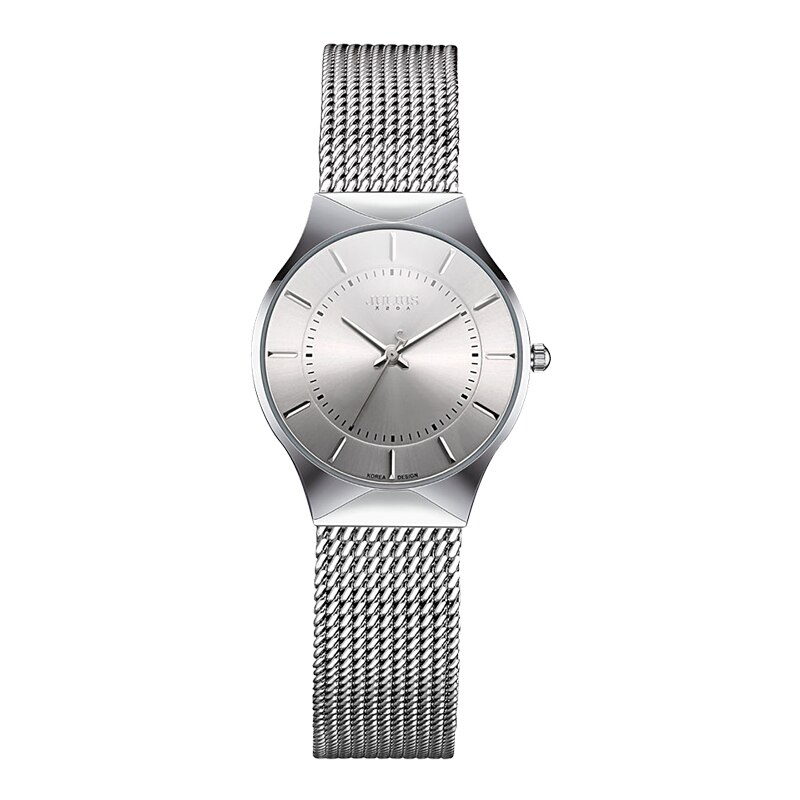 JULIUS JA-577 Frauen Ultra dünne Silber Schwarz Männer Mesh Edelstahl Quarz Analoge Beiläufige Uhr Weibliche Armbanduhr Uhr