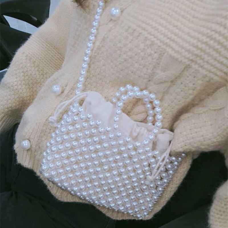 Za pearl armband väska bärbar halm vävd väska pärlstav axelväska crossbody väska